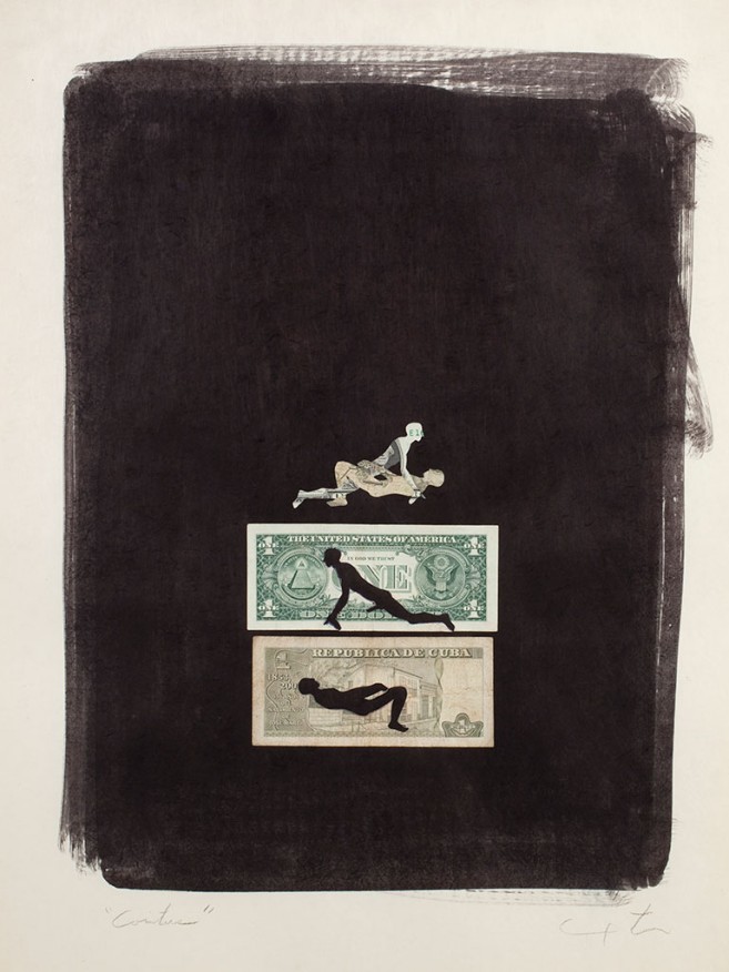 Coitus (dollar and peso), 2010 / Mixed media on paper / 75,5 x 59 cm