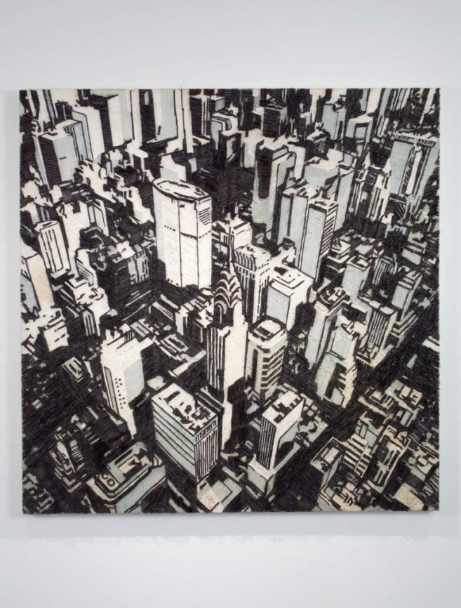 American Appeal (aerial), 2008 / Óleo, anzuelos, puntillas y cera sobre panel de lino y plywood / 200 x 200 x 10 cm