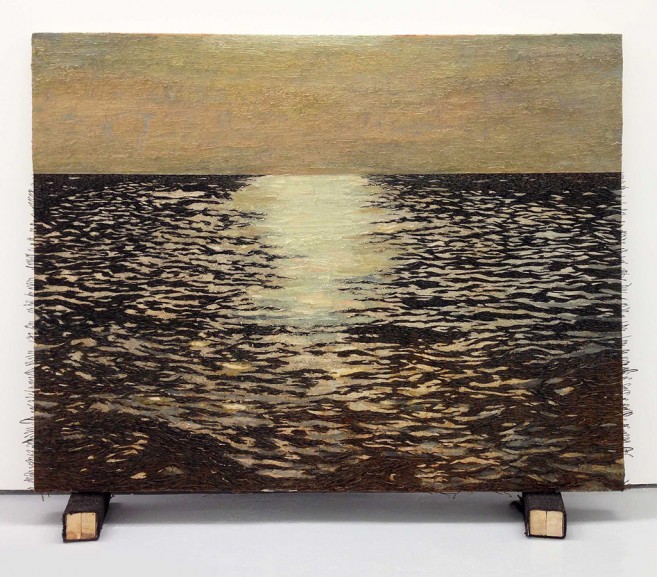 Isla (el ocaso), 2011-2012 / Óleo, anzuelos, puntillas y encáustica sobre panel de lienzo y plywood / 119,5 x 150 x 8 cm