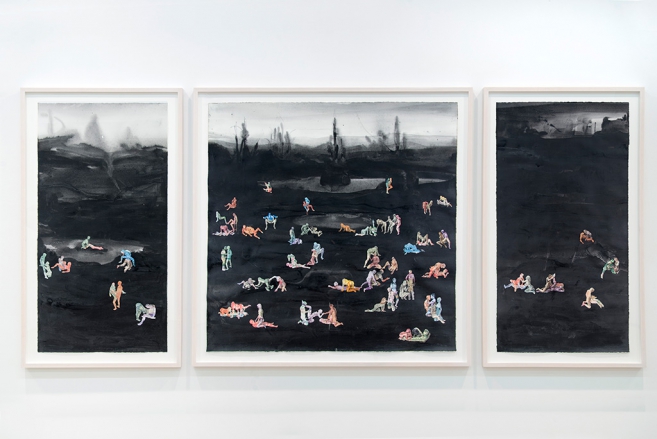 Rate (fucking money) , 2015 (triptych) / Mixed media and foreign currencies on paper / 126.5 x 70 cm  (left fr.), 126.5 x 126.5 cm  (middle fr), 126.5 x 70 cm  (right fr.)