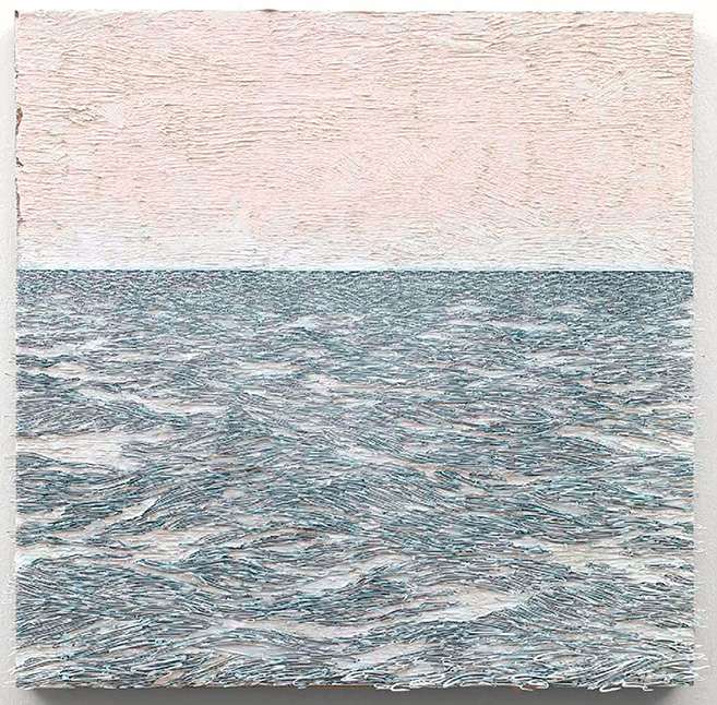 Isla (blanco sobre blanco), 2015 / Óleo, anzuelos y puntillas sobre lino y panel de plywood / 78.5 x 82 cm