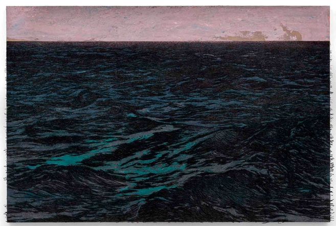 Isla (after Géricault), 2015 / Óleo, anzuelos y puntillas sobre lino y panel de plywood / 203 x 312 x 16 cm