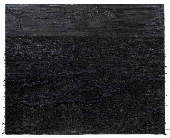 Isla (Nada), 2015 / Óleo, anzuelos y puntillas sobre lino y panel de plywood / 102 x 128 x 11 cm