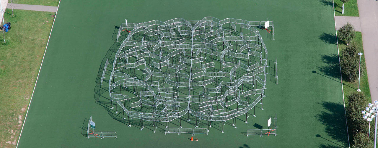 Open Mind (barricades), 2014 / bent galvanized barricades and steel devices / Variable dimensions