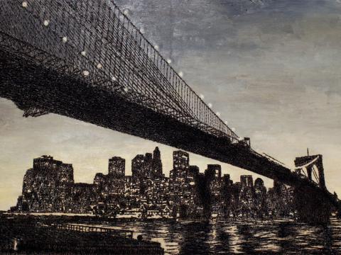 American Appeal (bridge), 2008 / Óleo, anzuelos y puntillas sobre panel de lienzo y plywood / 200 x 300 x 10 cm