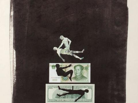 Coitus (dollar and yuan), 2010 / Mixed media on paper / 75,5 x 59 cm