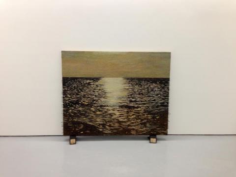 Isla (el ocaso), 2011-2012 / Óleo, anzuelos, puntillas y encáustica sobre panel de lienzo y plywood / 119,5 x 150 x 8 cm