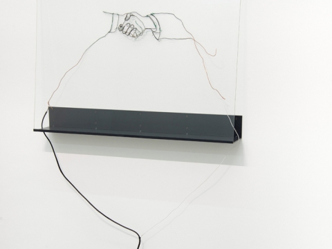 Diplomacy Lesson (handshake), 2015 / Electrical cable, copper wire, plastic zip ties, glass, steel shelf / Variable dimensions