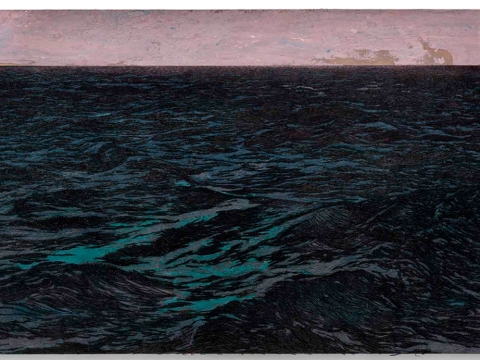 Isla (after Géricault), 2015 / Óleo, anzuelos y puntillas sobre lino y panel de plywood / 203 x 312 x 16 cm