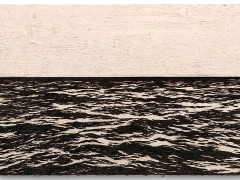 Isla (Negro y Blanco), 2015 / Óleo, anzuelos y puntillas sobre lino y panel de plywood / 104 x 157 x 8 cm 