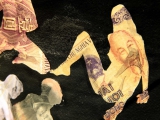 Rate (fucking money) , 2015 (detail) / Mixed media and foreign currencies on paper / 126.5 x 70 cm  (left fr.), 126.5 x 126.5 cm  (middle fr), 126.5 x 70 cm  (right fr.)